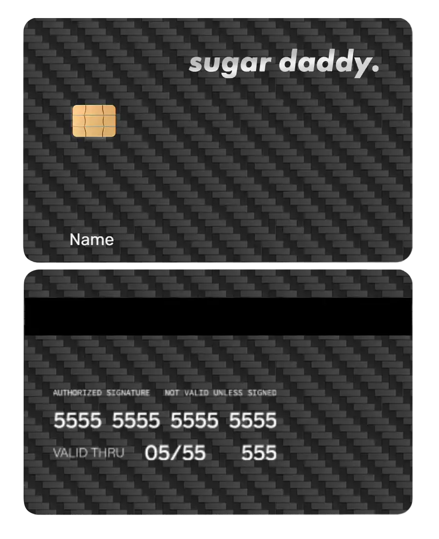 Black carbon fiber metal card with chip and 'sugar daddy.' text, custom credit card design.