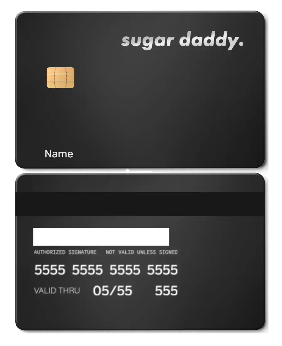 Black metal card with 'sugar daddy.' text, chip, and custom name design, front and back view