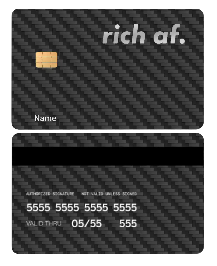 Carbon fiber metal credit card with chip, 'rich af.' text, and sleek black design