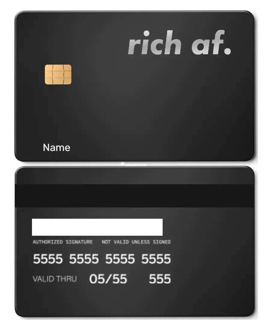 Matte black metal card with chip, 'rich af.' text, and customizable name field