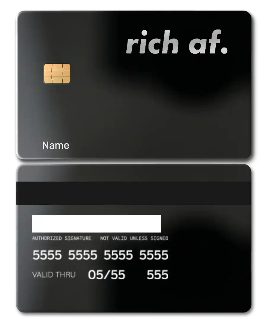 Black metal credit card with chip and 'rich af.' text design, custom metal card product.