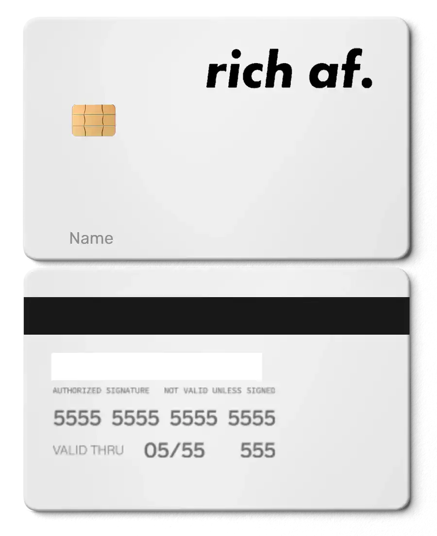 Custom metal card with chip, 'rich af.' text, and black magnetic stripe on white background