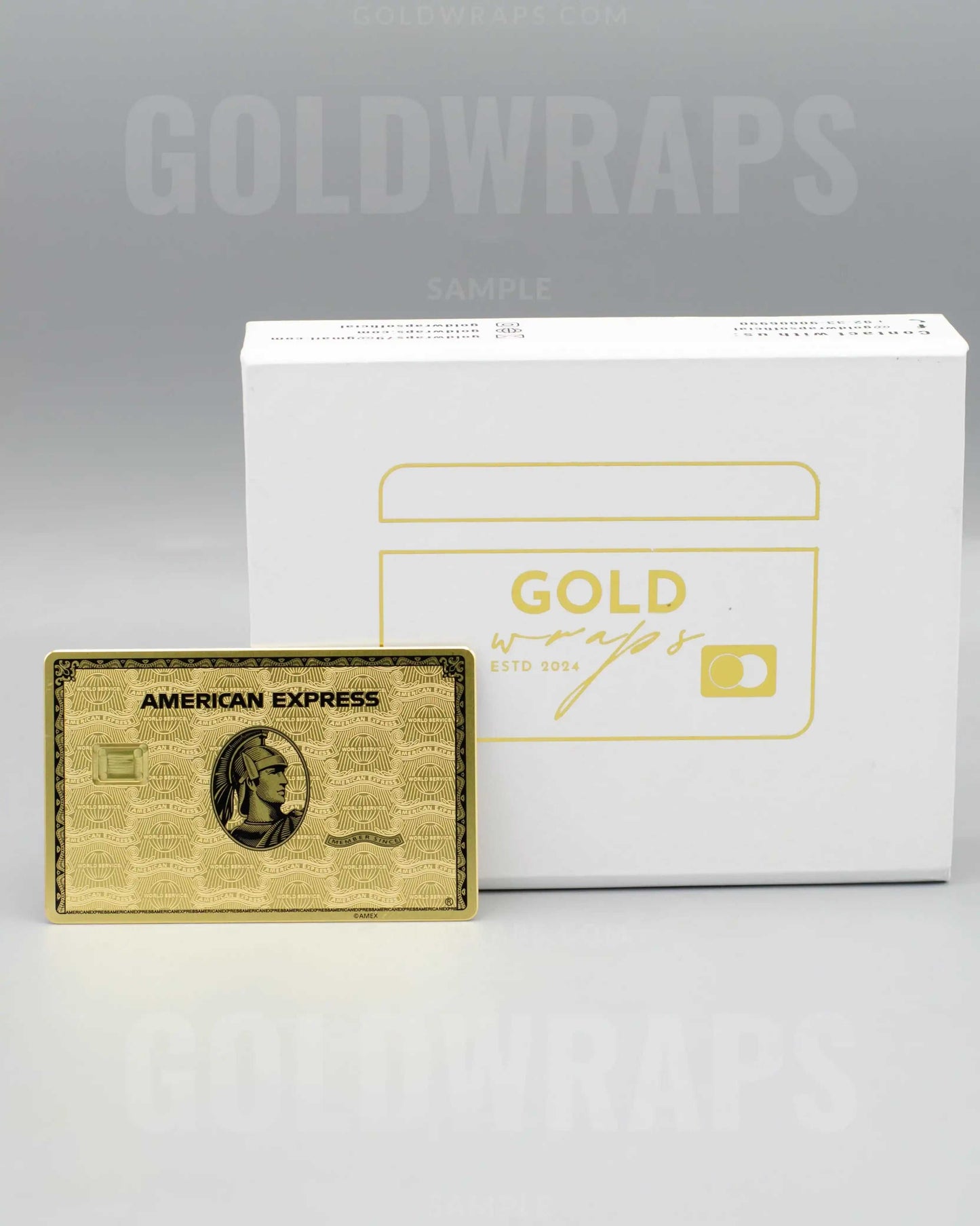 Gold metal American Express card displayed in front of Goldwraps branded box