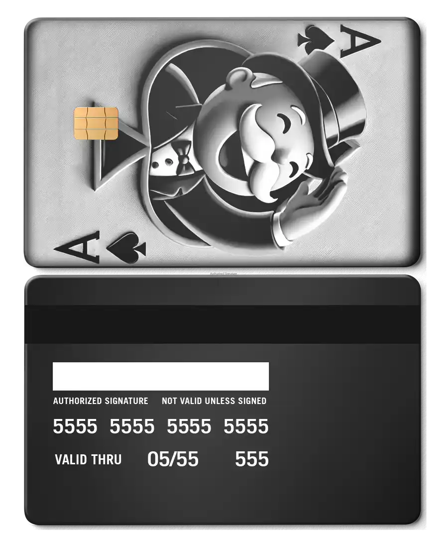 Metal ace of spades Monopoly card with embossed character and credit card design elements.