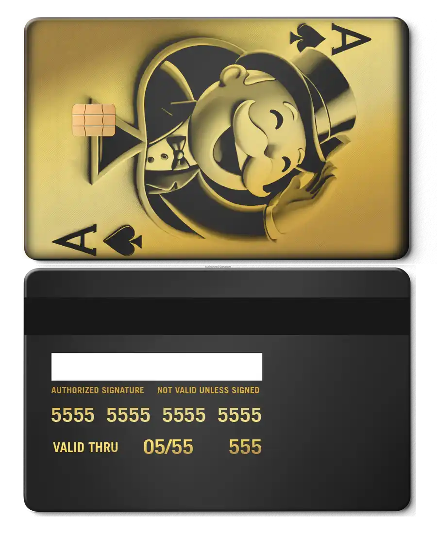 Gold metal ace of spades Monopoly card featuring cartoon character and card details