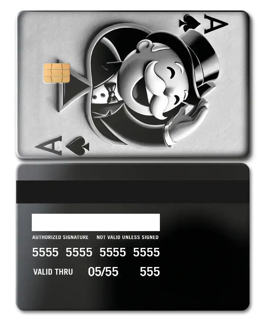 Metal Ace of Spades card with Monopoly character, black mirror finish, credit card style