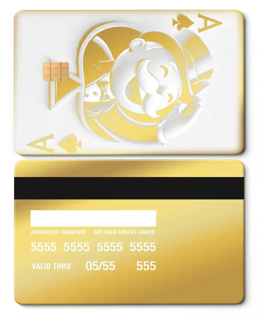 Gold metal Ace of Spades card featuring a Monopoly-style character and card chip design.