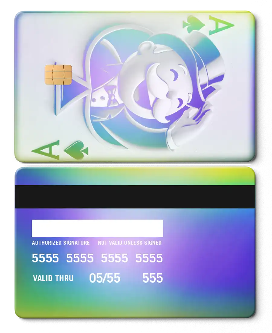 Rainbow chrome metal card featuring Monopoly Ace of Spades design with chip and signature strip.