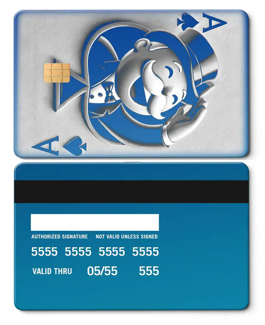 Sapphire blue metal card featuring Monopoly ace of spades design with embossed character.