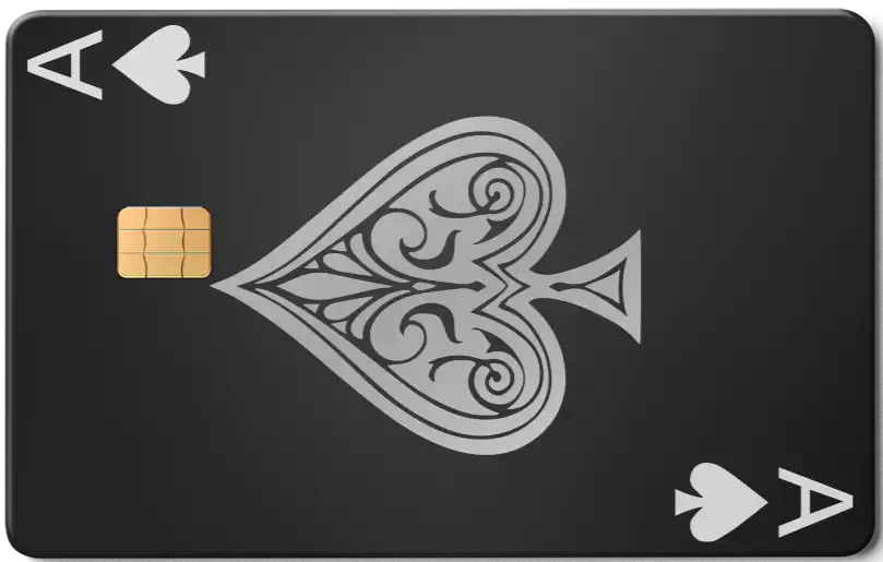 Black metal Ace of Spades card with intricate silver spade design and smart chip