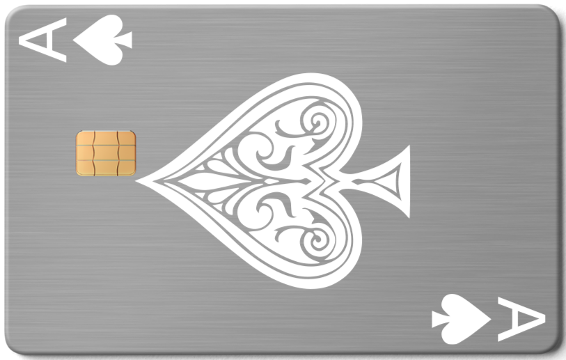 Metal card Ace of Spades with silver finish and intricate spade design with chip