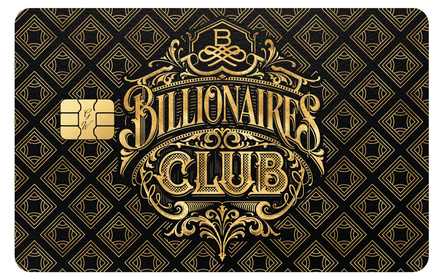 Luxury metal card with gold Billionaires Club design on black geometric background
