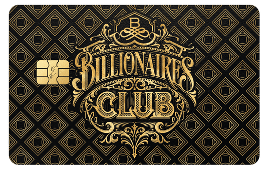 Luxury metal card with gold Billionaires Club design on black geometric background