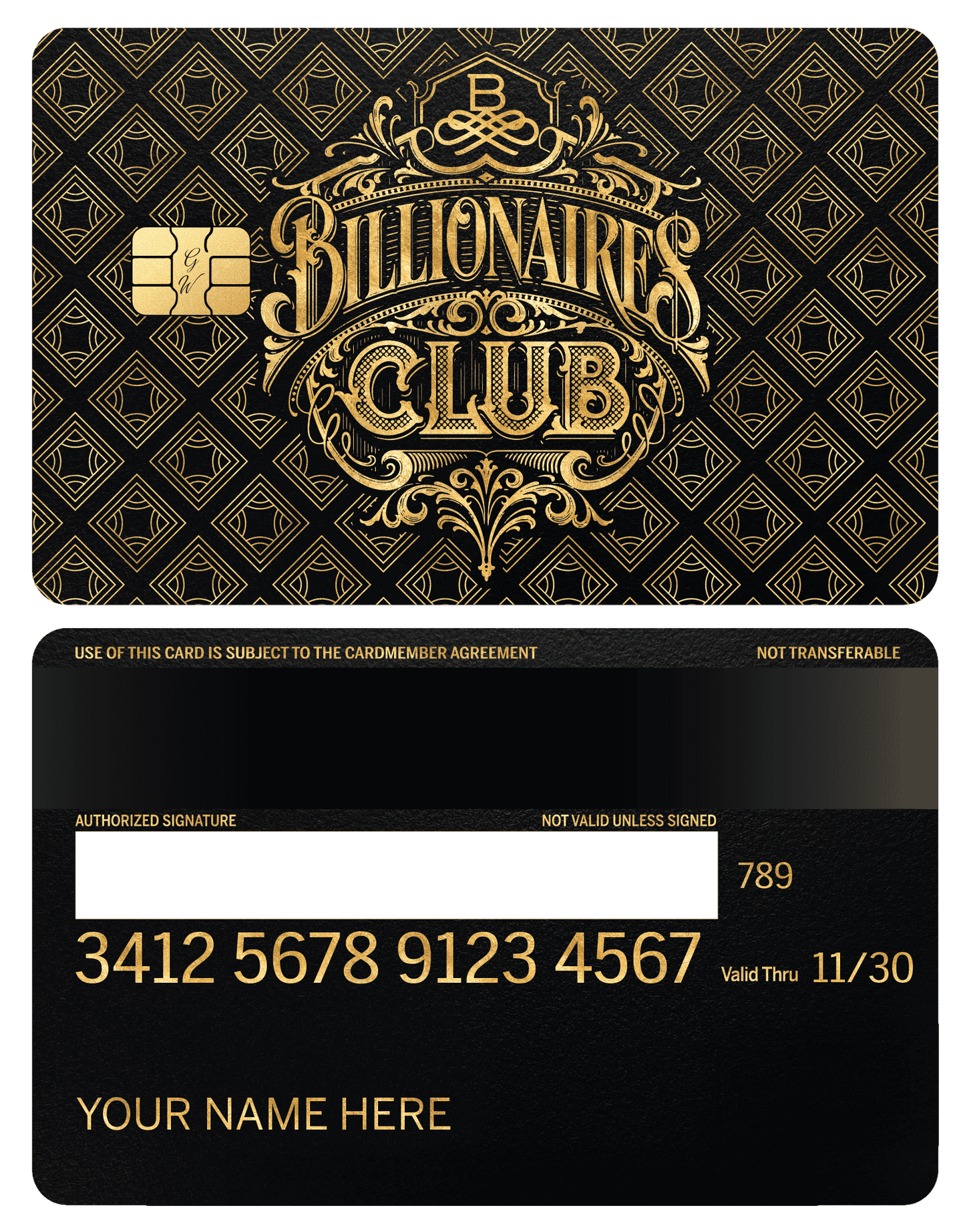 Luxury Billionaires Club gold metal card with ornate design and custom name, front and back