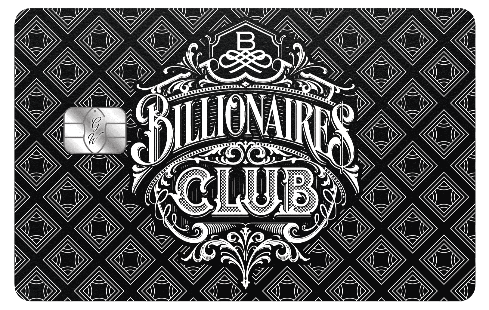 Black metal card with 'Billionaires Club' in ornate white lettering and geometric pattern