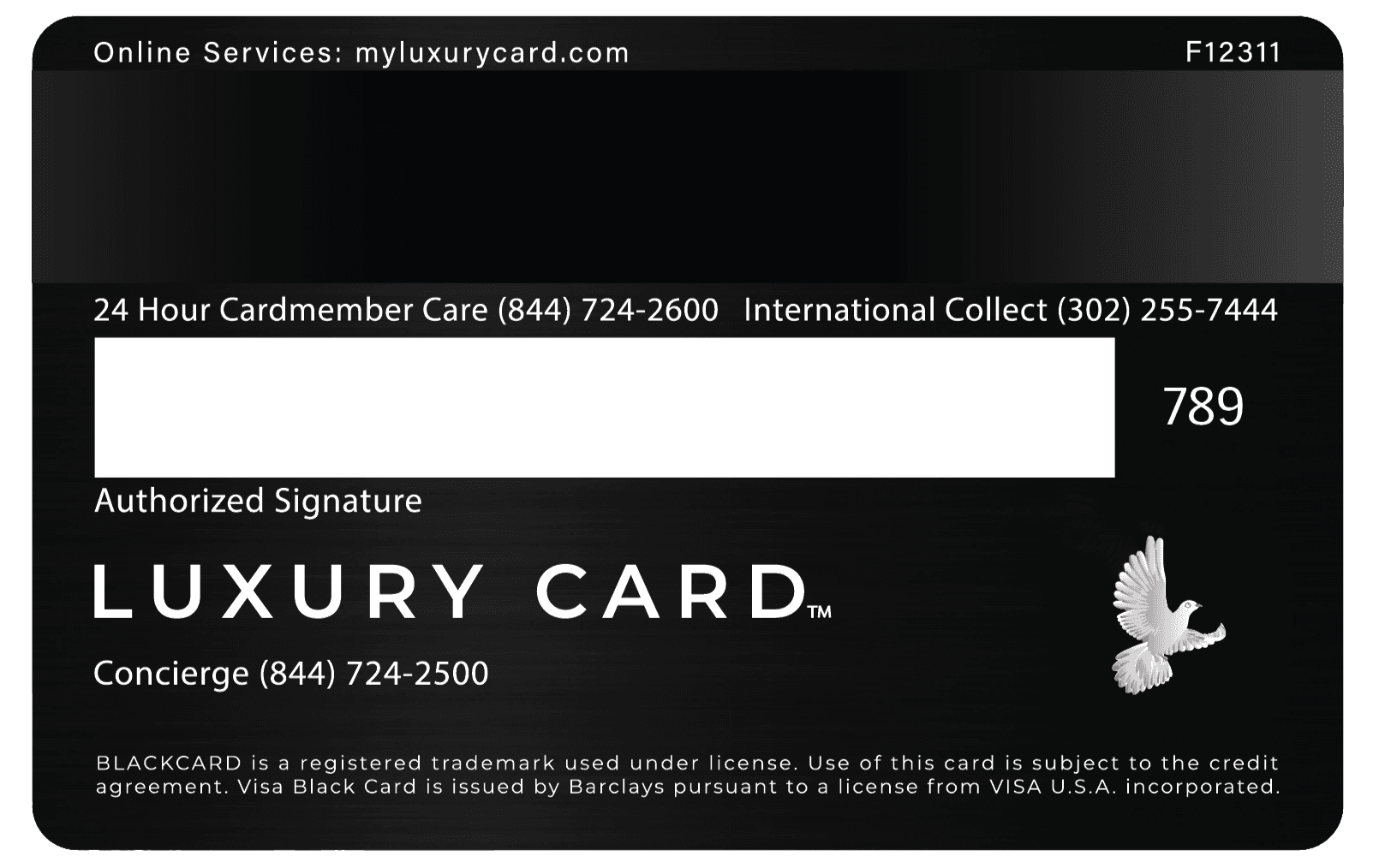 Black metal luxury card with white text, dove emblem, signature strip, and service contacts.