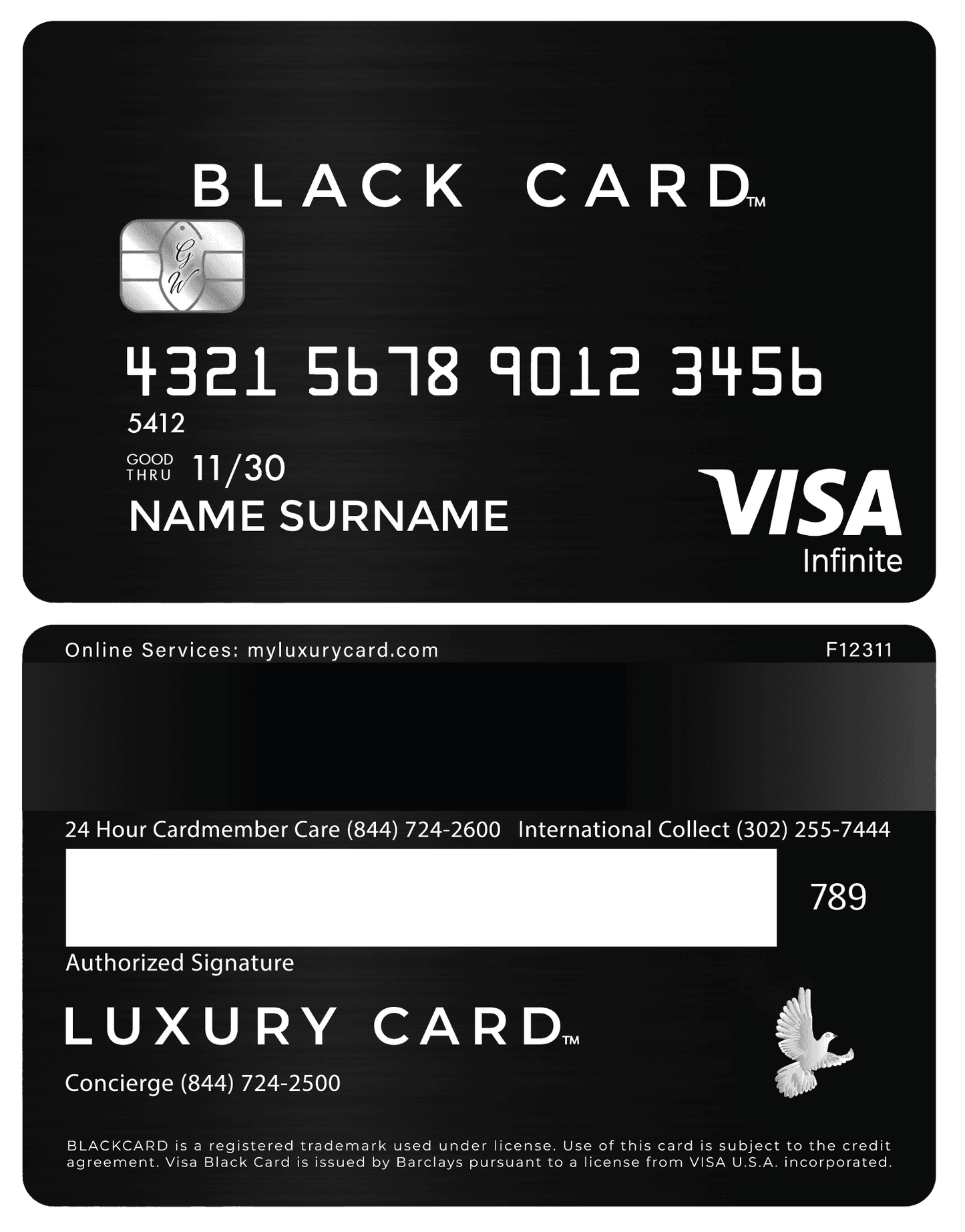 Black metal VISA Infinite credit card with embossed details and Luxury Card branding