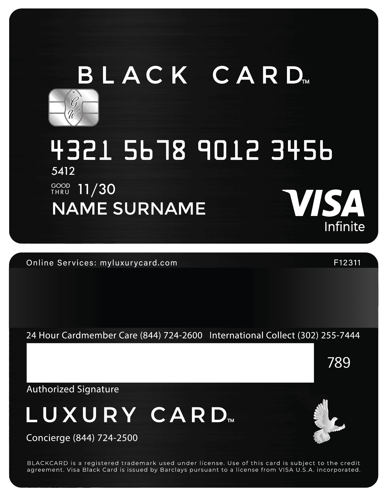Black metal VISA Infinite credit card with embossed details and Luxury Card branding