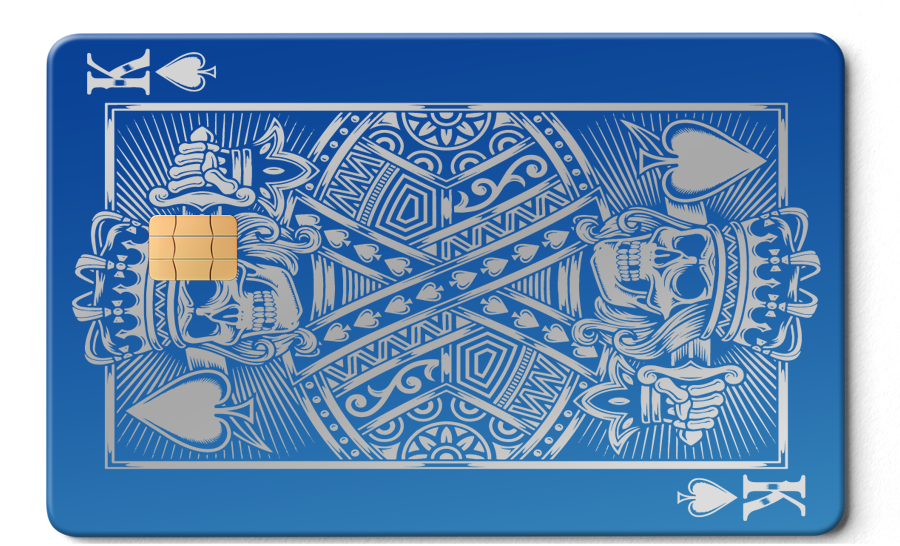 Blue metal card with King of Spades skull design, chip, and ornate silver details