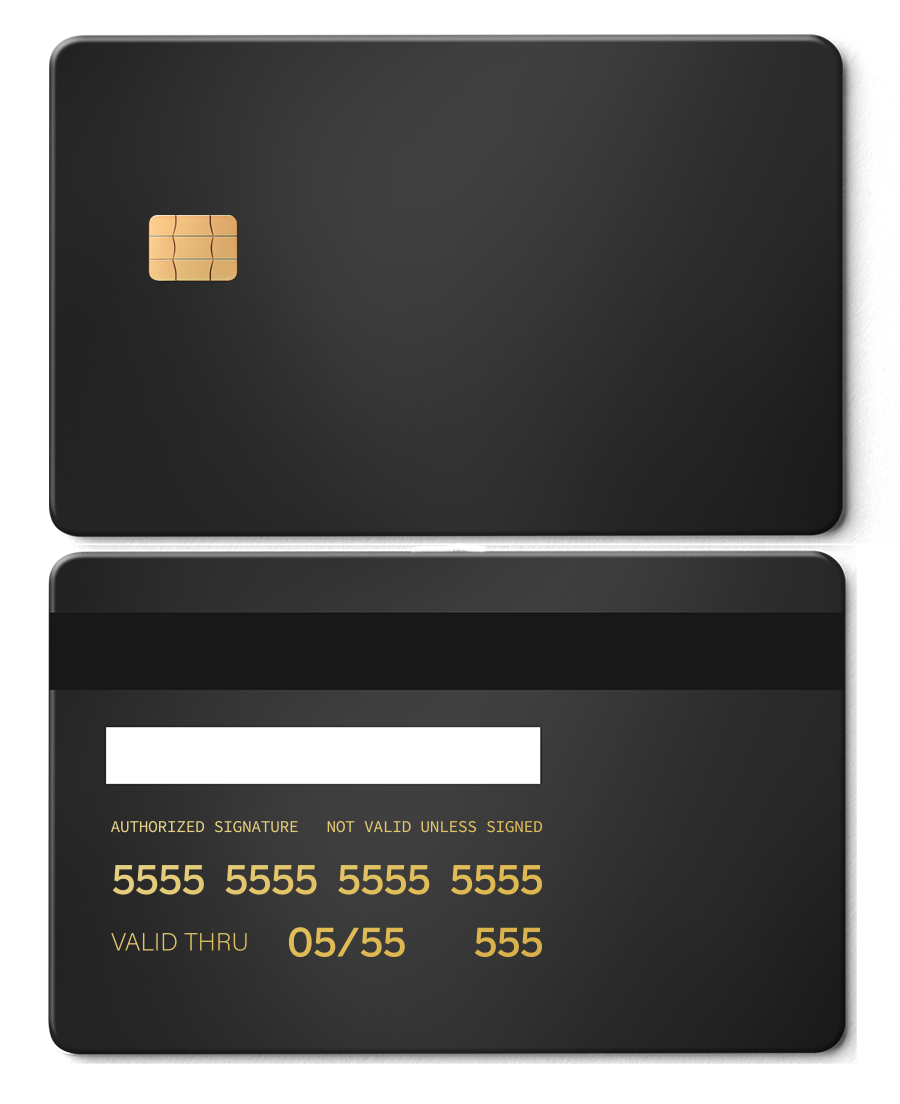 Matte black metal card with gold chip and numbers, front and back views displayed.