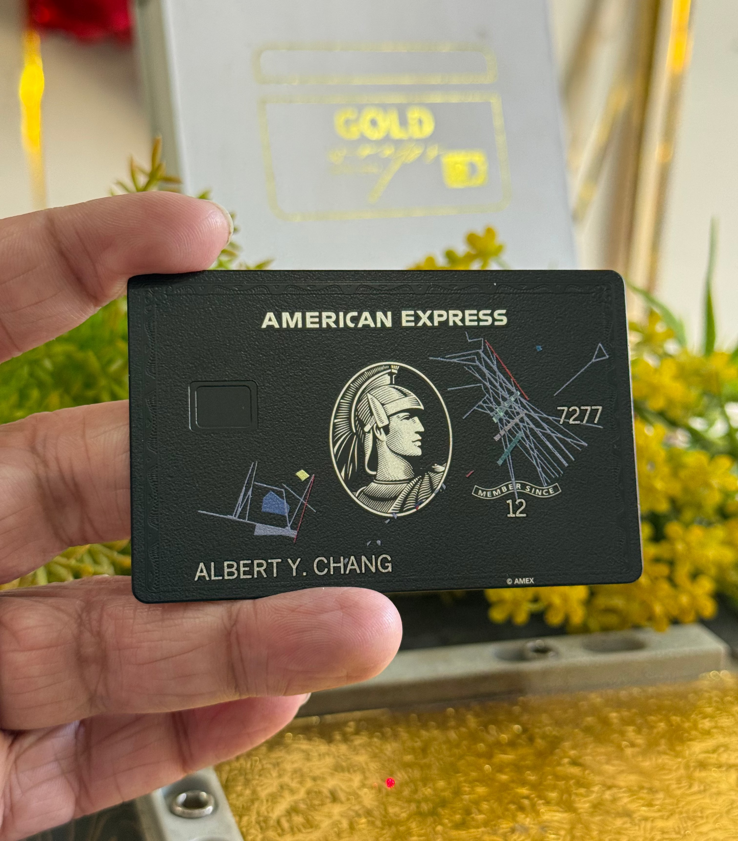 Hand holding an American Express card with a blurred background