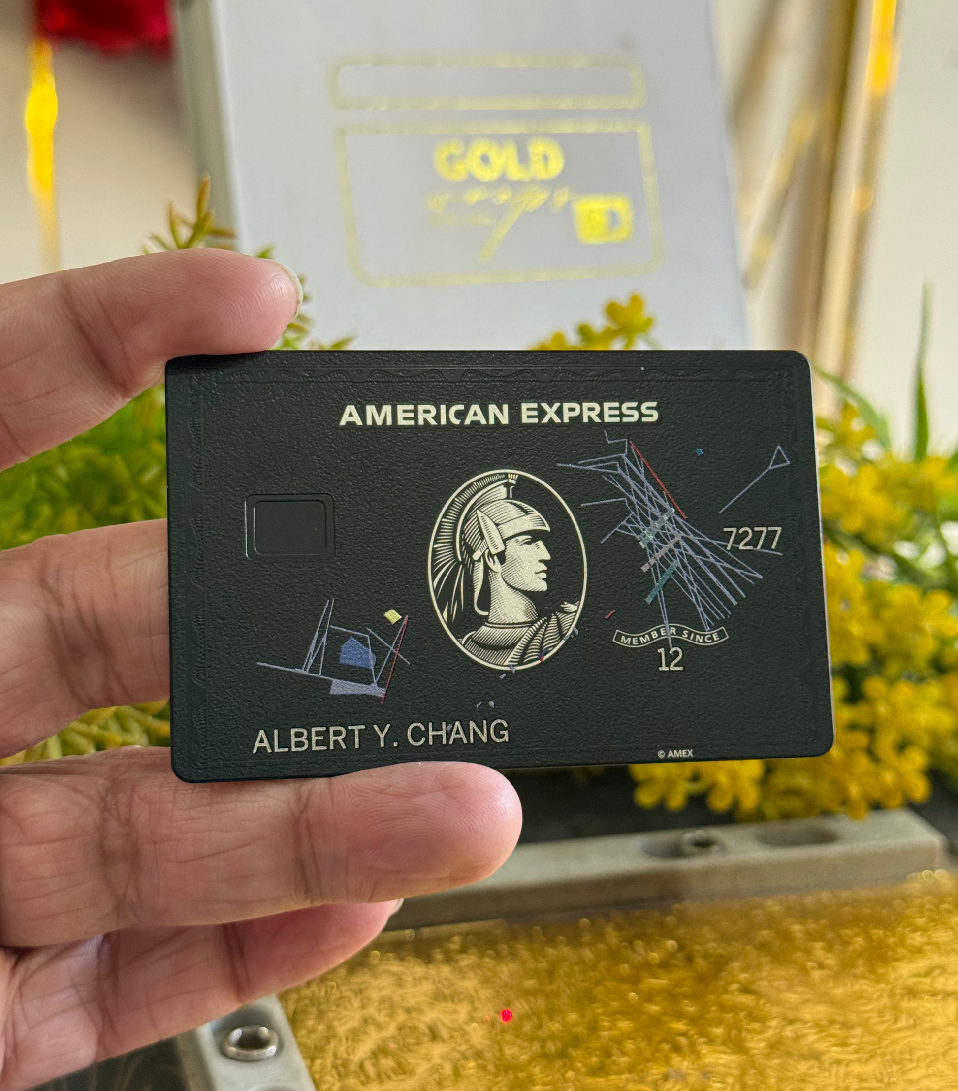 Hand holding an American Express card with a blurred background