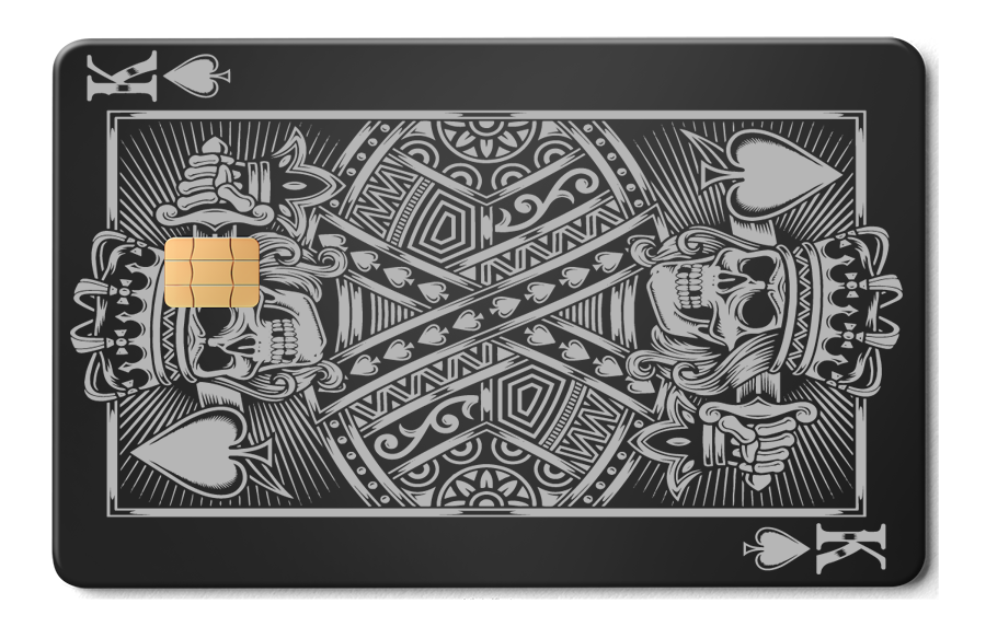 Black metal card featuring King of Spades with skull design and silver details