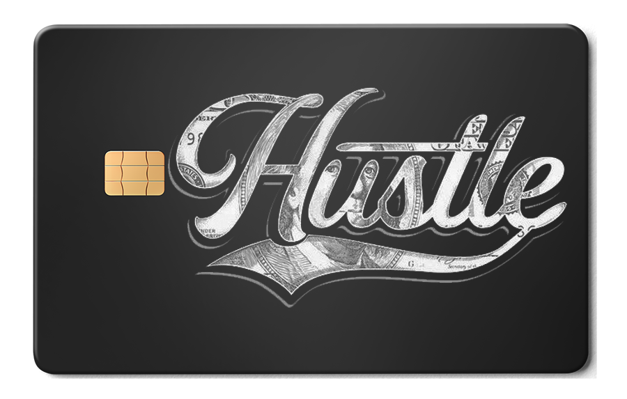 Black metal card with silver Hustle text and money design, chip on left side