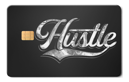 Black metal card with silver Hustle text and money design, chip on left side