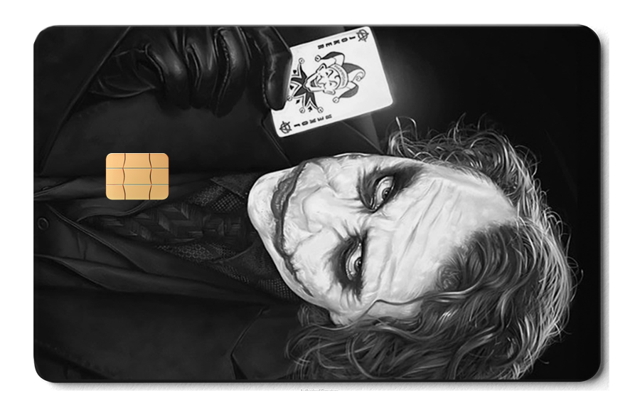 Metal card with black and white joker design, gloved hand holding a joker card