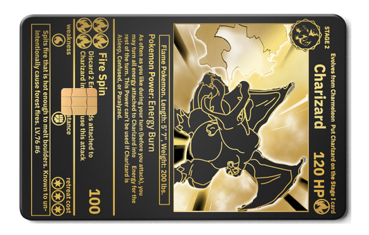 Black and gold Charizard metal card with etched details, Pokémon stats, and chip design