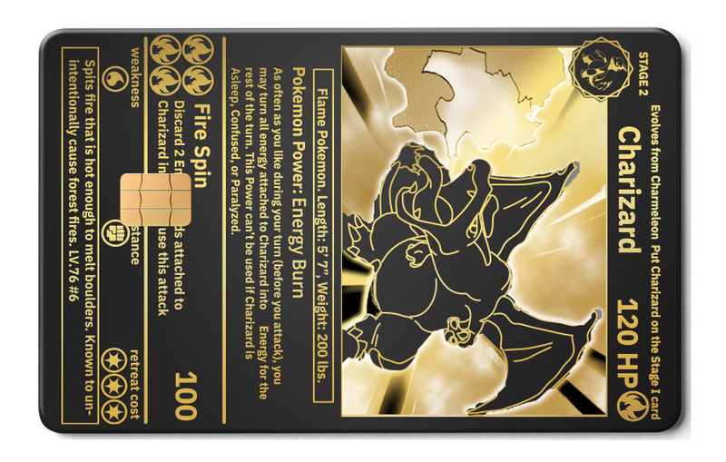 Black and gold Charizard metal card with etched details, Pokémon stats, and chip design