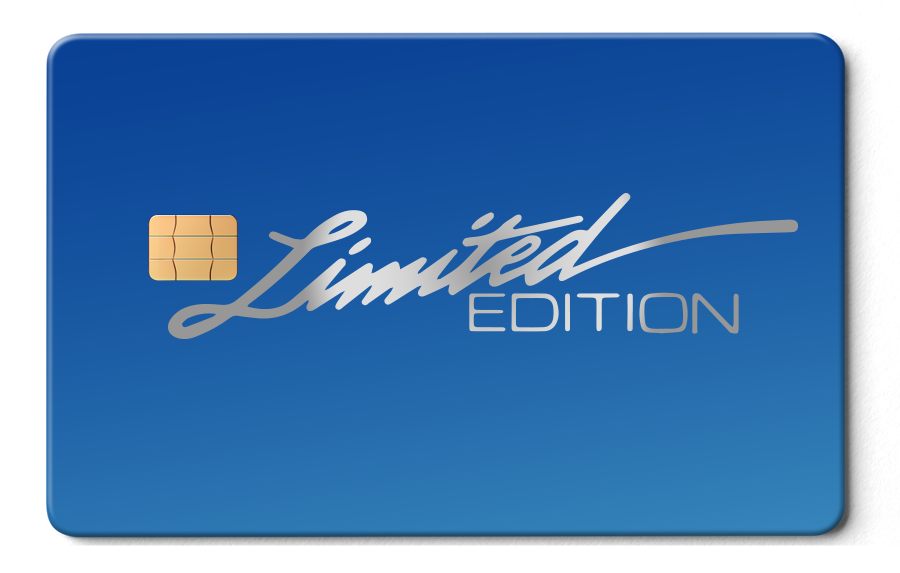 Blue limited edition metal card with silver lettering and gold chip