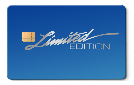 Blue limited edition metal card with silver lettering and gold chip