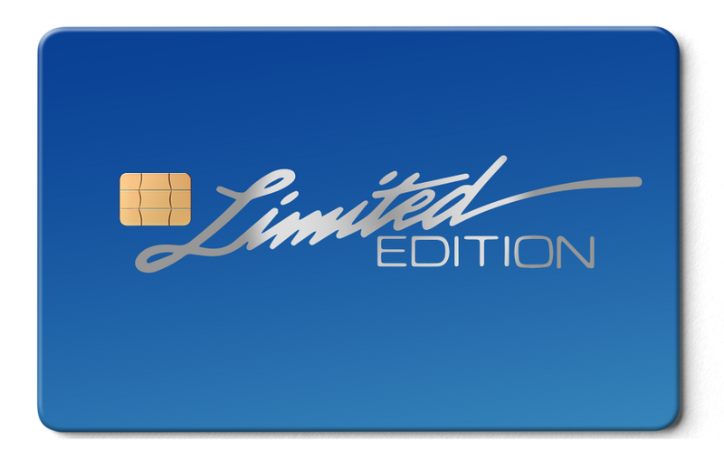 Blue limited edition metal card with silver lettering and gold chip
