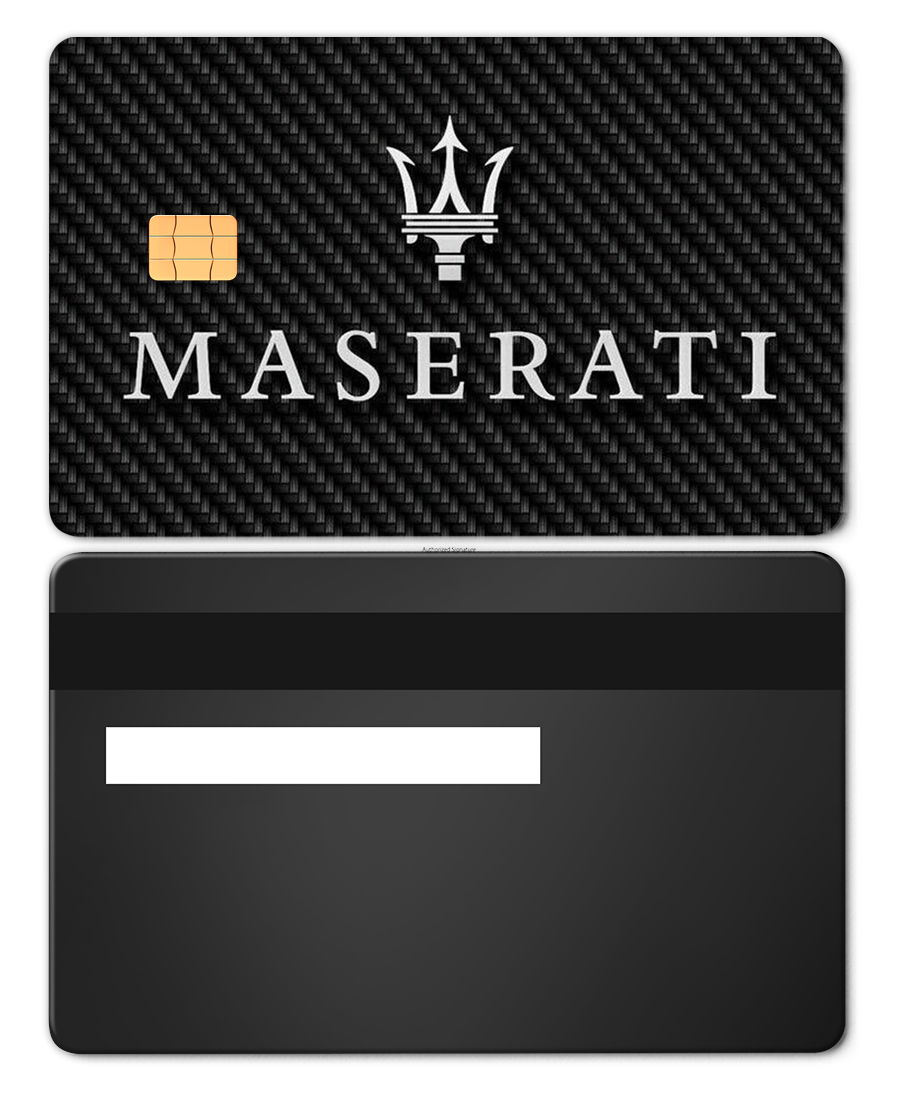 Luxury metal card with black carbon fiber pattern, Maserati logo, gold chip, and magnetic stripe