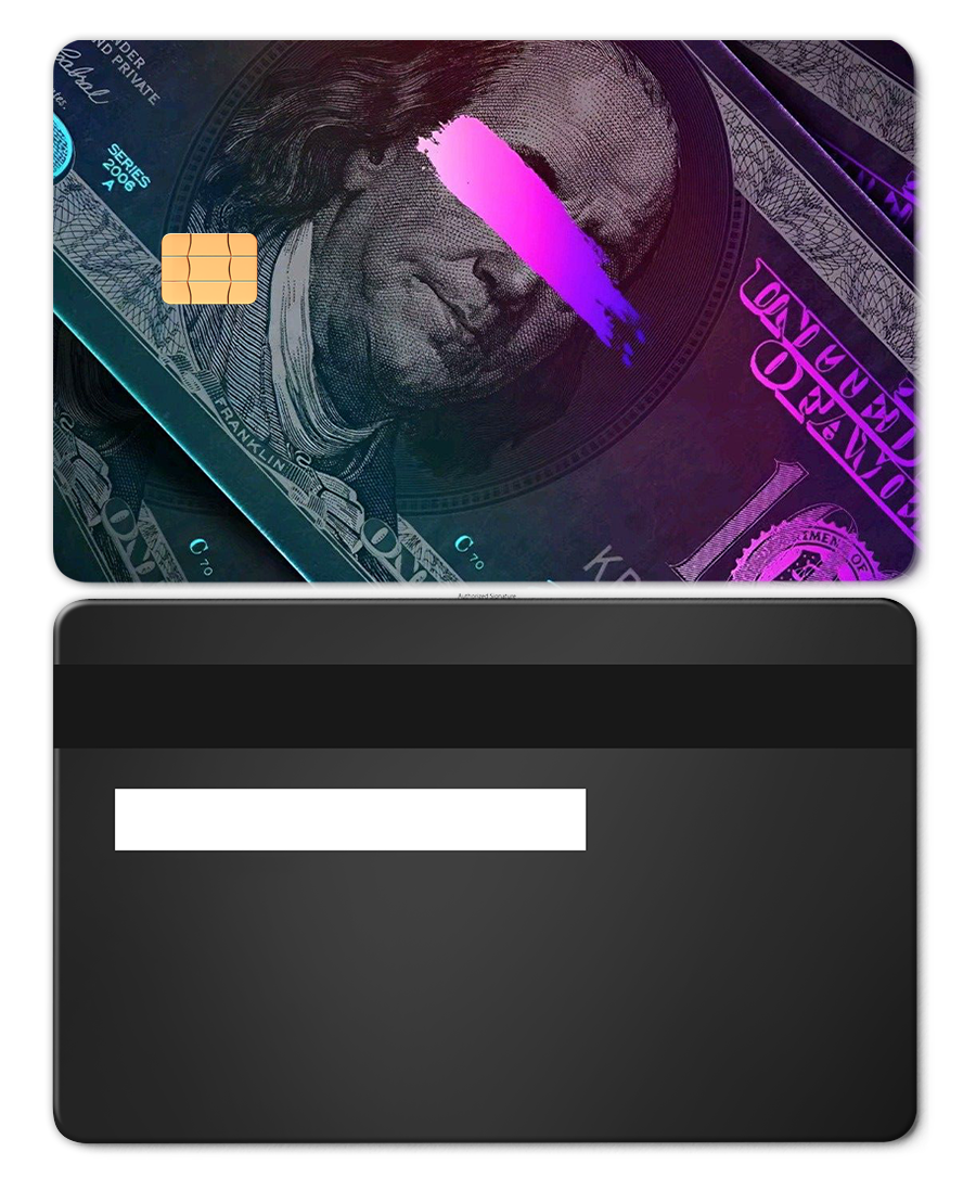 Custom metal card with dollar bill design, chip, and pink paint swipe accent.