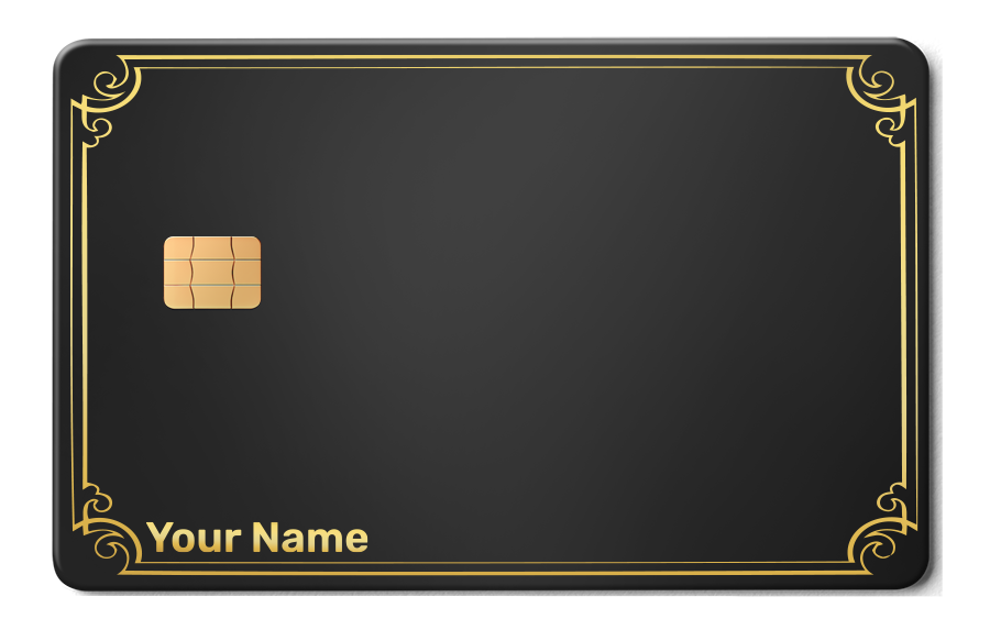 Custom metal card with gold chip and ornate gold border on matte black background
