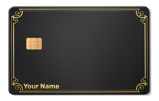 Custom metal card with gold chip and ornate gold border on matte black background