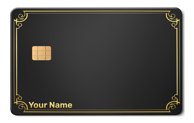 Custom metal card with gold chip and ornate gold border on matte black background