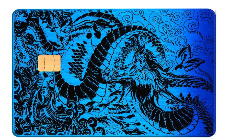 Brushed blue metal card with black dragon design and gold chip, custom metal card