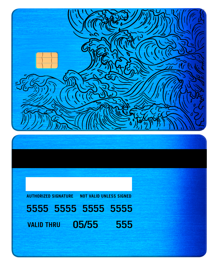 Brushed blue metal card with chip, black wave engraving, and card details on back.