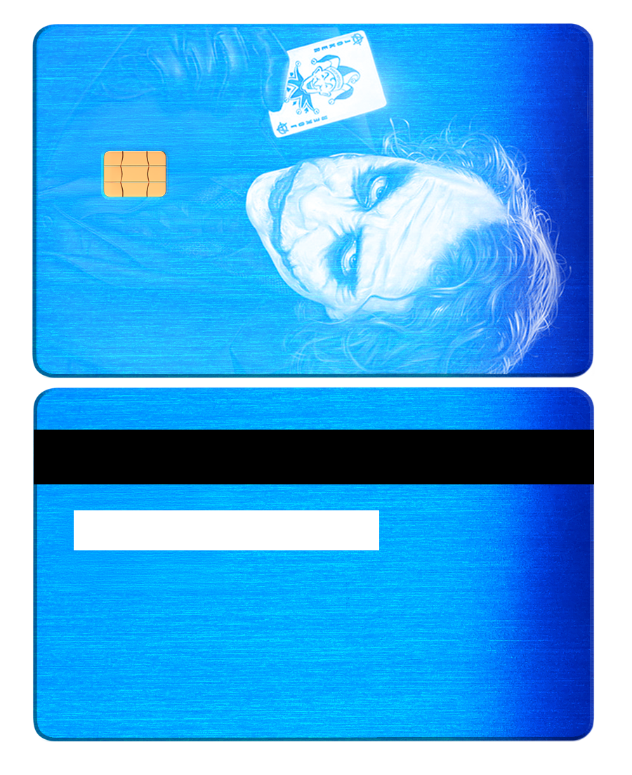 Blue brushed metal card with engraved joker face and chip, custom metal credit card design
