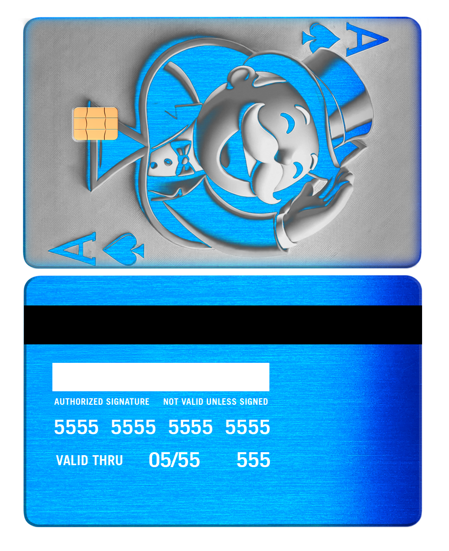 Custom metal credit card with blue brushed finish and Monopoly-style ace of spades design