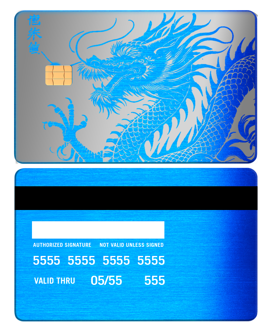 Brushed blue metal card with etched dragon design and chip, credit card style