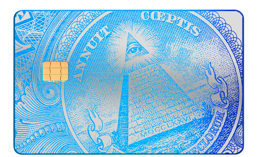 Brushed blue metal card with pyramid and all-seeing eye dollar bill design, smart chip visible