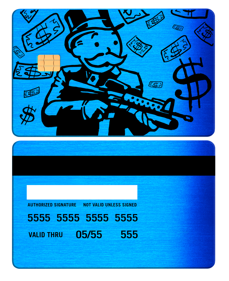 Brushed blue metal card with cartoon rich man, money graphics, and large dollar symbols.