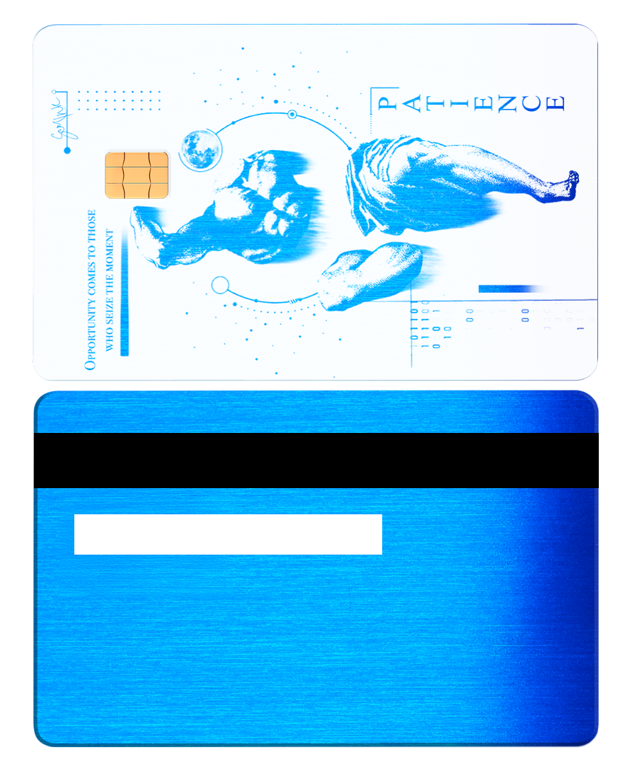 Brushed blue metal card with artistic figure, chip, and 'PATIENCE' text design