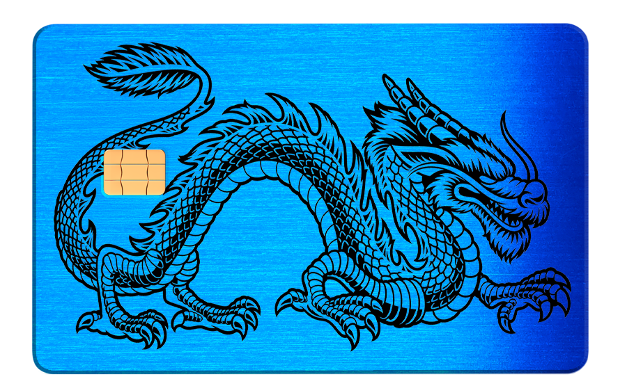 Brushed blue metal card with black dragon design and smart chip