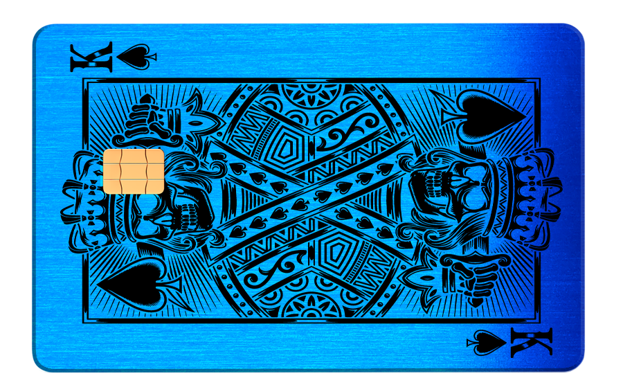 Brushed blue metal card styled as king of spades with chip and intricate black design